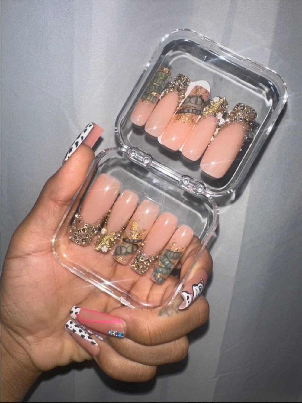 Nude Pink Press-On Nails with Gold & Green Accent Gems